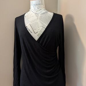 Mangopop Black XL Deep Neck Wrap Ruched Top Blouse Stretchy